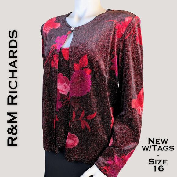NEW R&M Richards Shimmered Sparkle 2 Pc Blouse Red Pink Floral Roses Size 16 - Picture 1 of 12